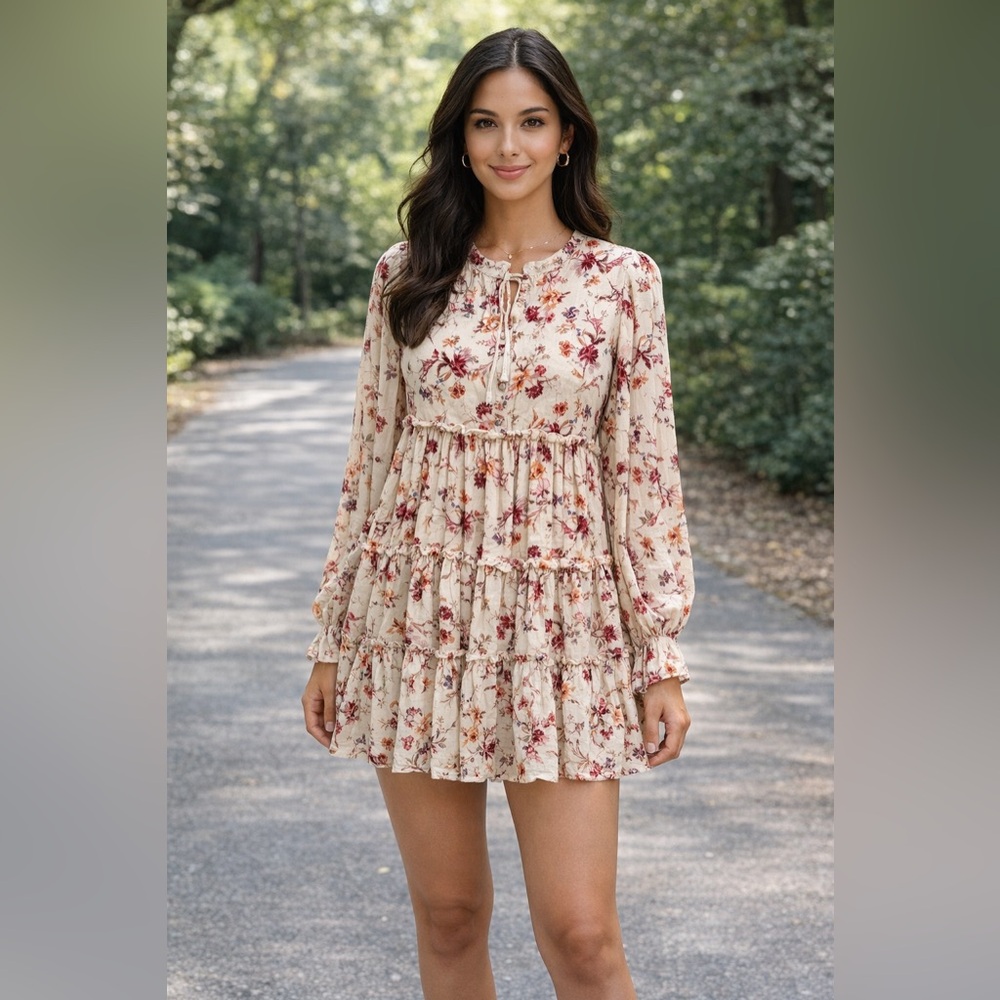 Cream Floral Tiered Mini Dress - Lightweight Long Sleeve